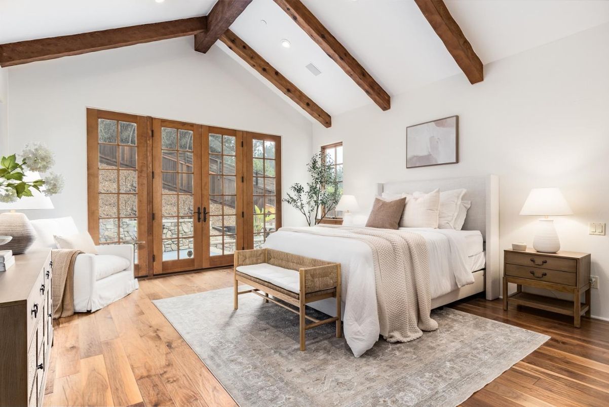 Bedroom, Interior, Recessed Lighting, Wooden Beams, Wood Texture Flooring