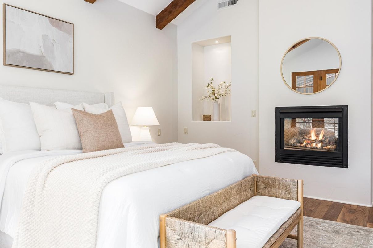 Bedroom, Fireplace, Interior, Recessed Lighting, Wooden Beams, Wood Texture Flooring