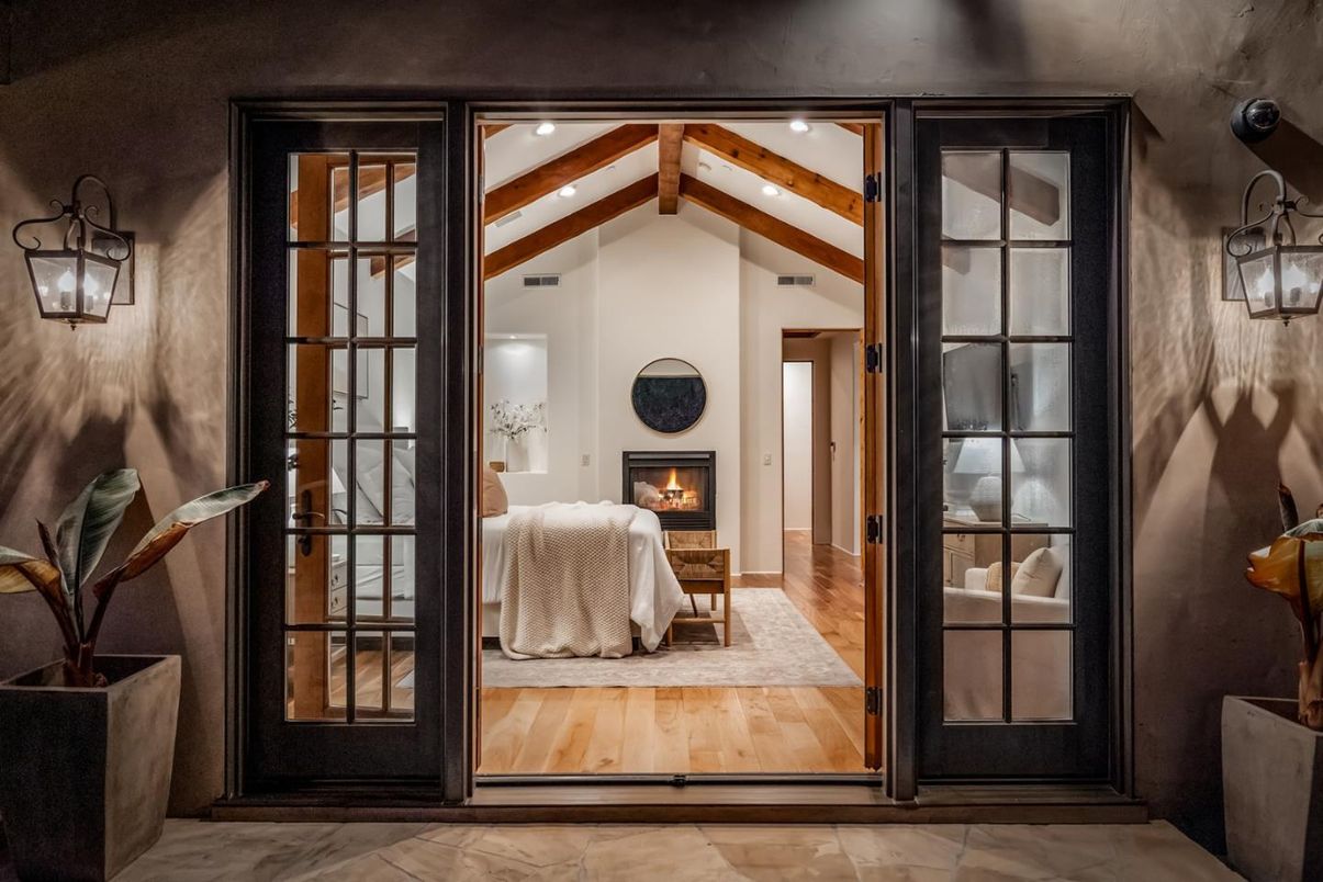 Fireplace, Interior, Marble, Recessed Lighting, Wooden Beams, Wood Texture Flooring
