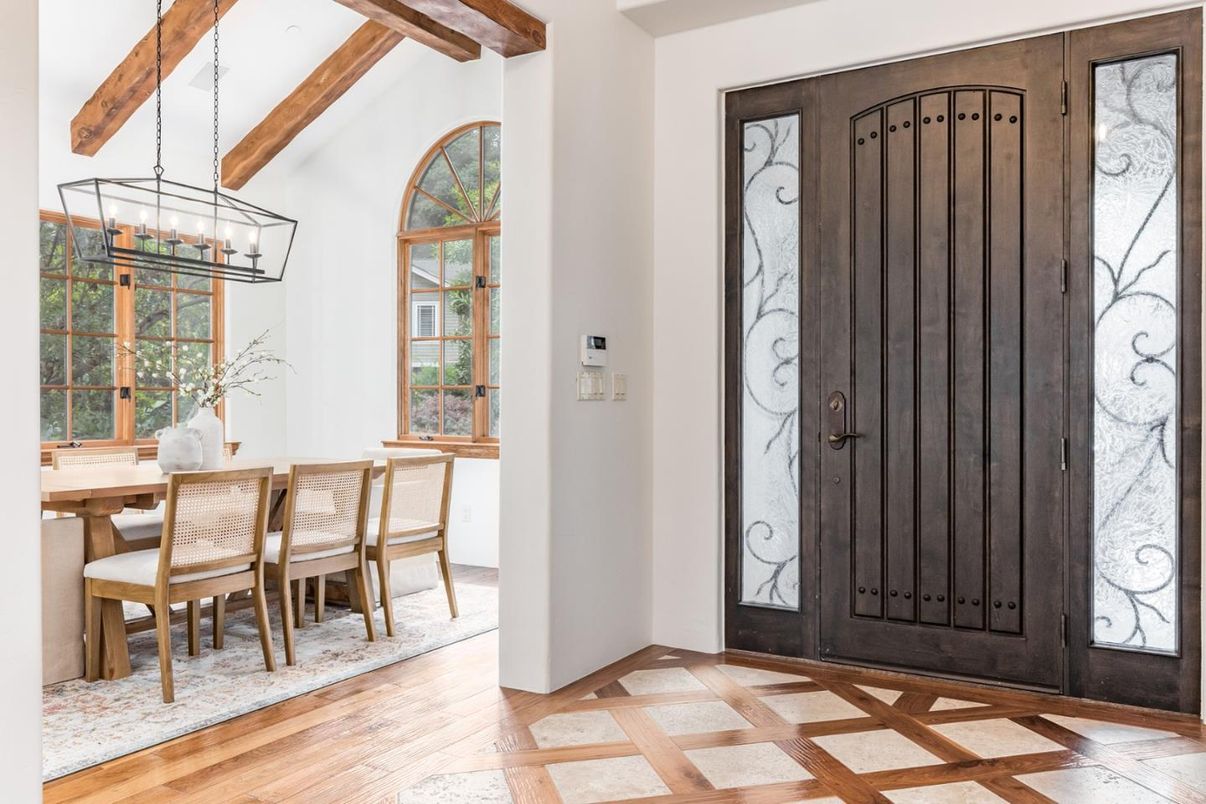 Chandelier, Dining room, Interior, Pendant Lights, Wooden Beams, Wood Texture Flooring