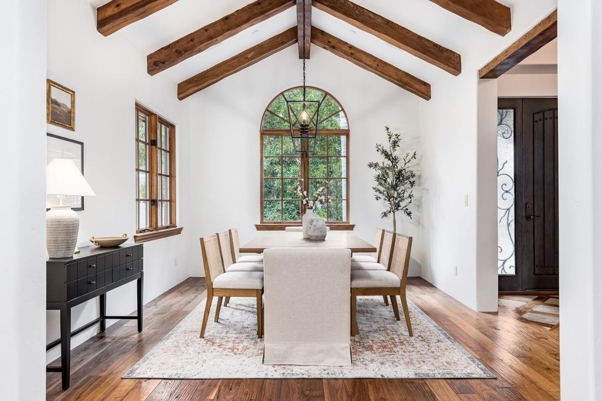 Dining room, Interior, Pendant Lights, Wooden Beams, Wood Texture Flooring