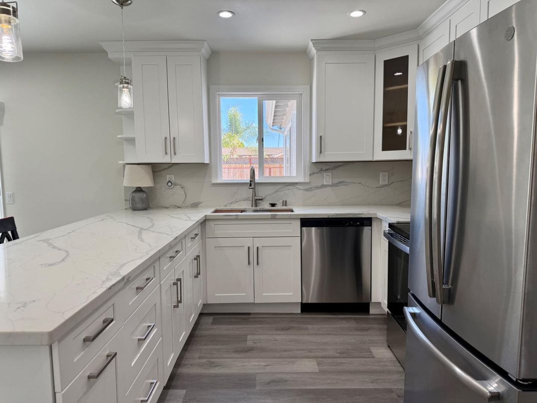 Interior, Kitchen, Pendant Lights, Recessed Lighting, Stainless Steel Appliances, Wood Texture Flooring