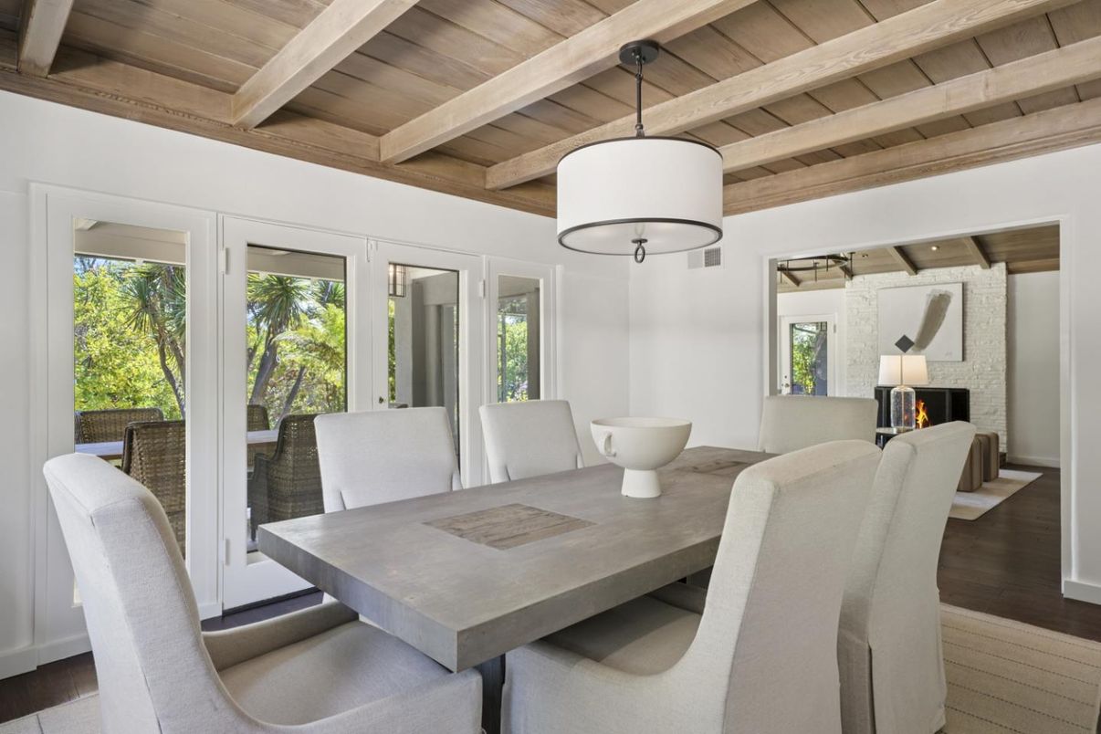 Dining room, Fireplace, Interior, Pendant Lights, Wooden Beams, Wooden Ceilings, Wood Texture Flooring