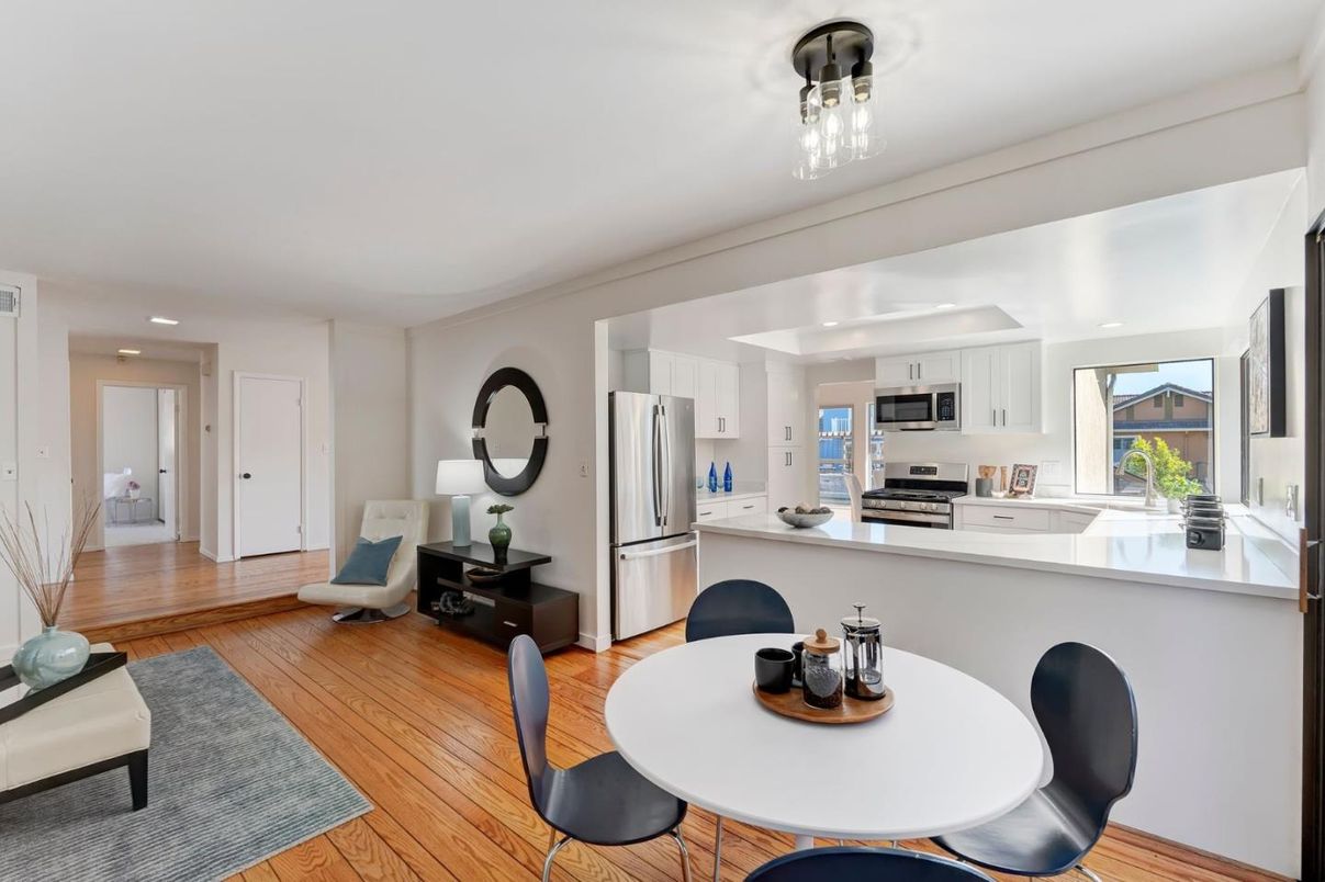 Dining room, Interior, Kitchen, Recessed Lighting, Stainless Steel Appliances, Wood Texture Flooring