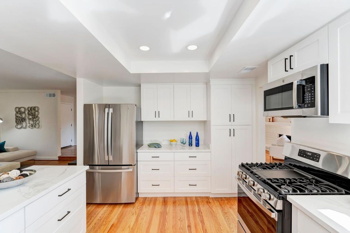 Interior, Kitchen, Recessed Lighting, Stainless Steel Appliances, Wood Texture Flooring