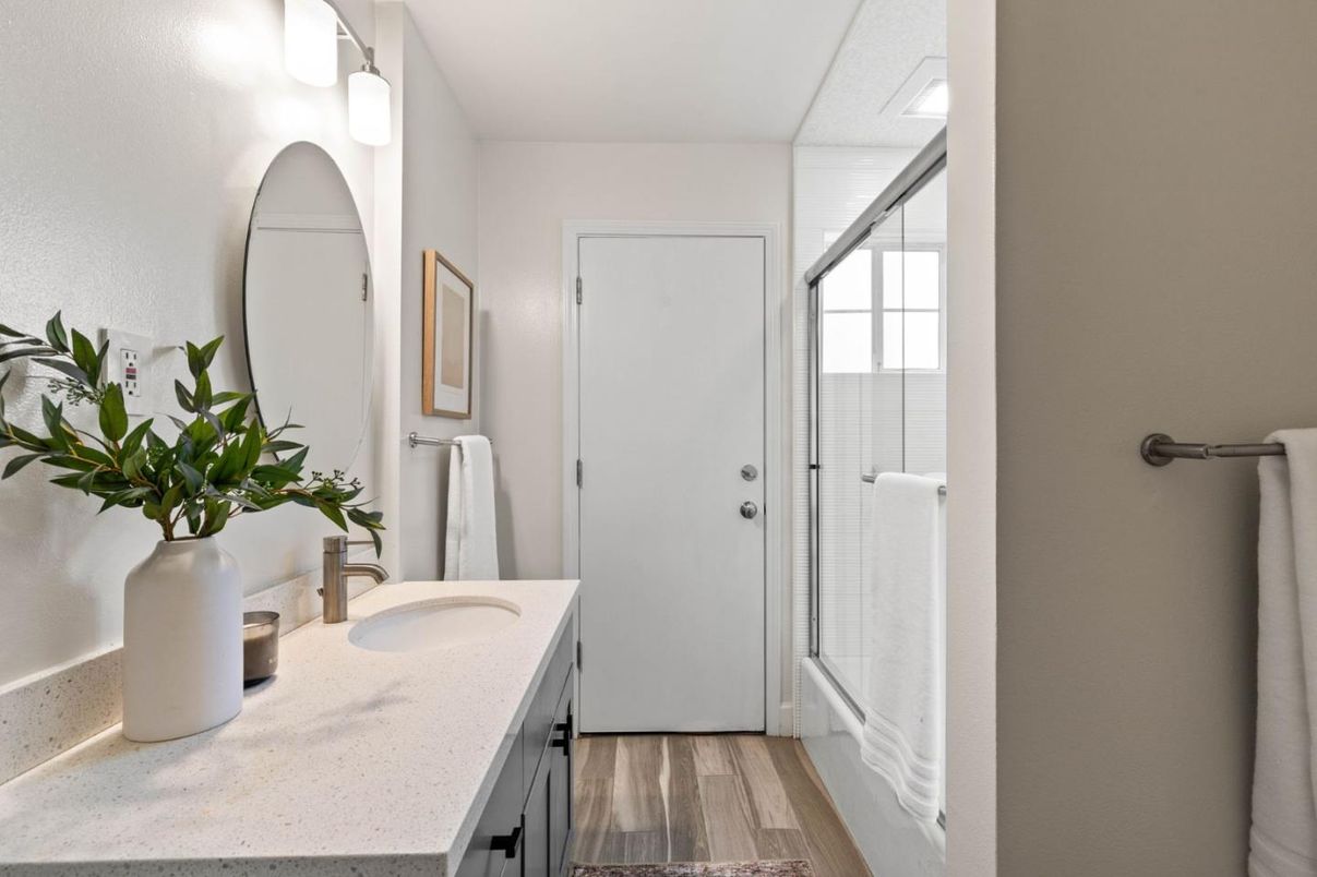 Bathroom, Glass Shower, Interior, Wood Texture Flooring