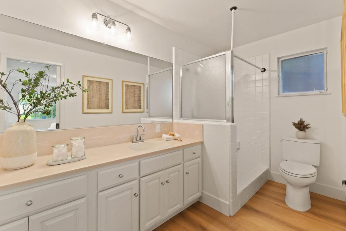 Bathroom, Glass Shower, Interior, Wood Texture Flooring