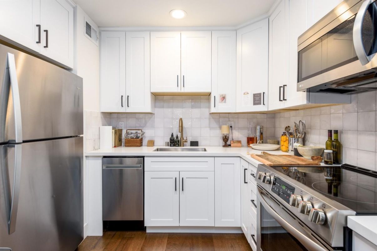 Interior, Kitchen, Recessed Lighting, Stainless Steel Appliances, Wood Texture Flooring