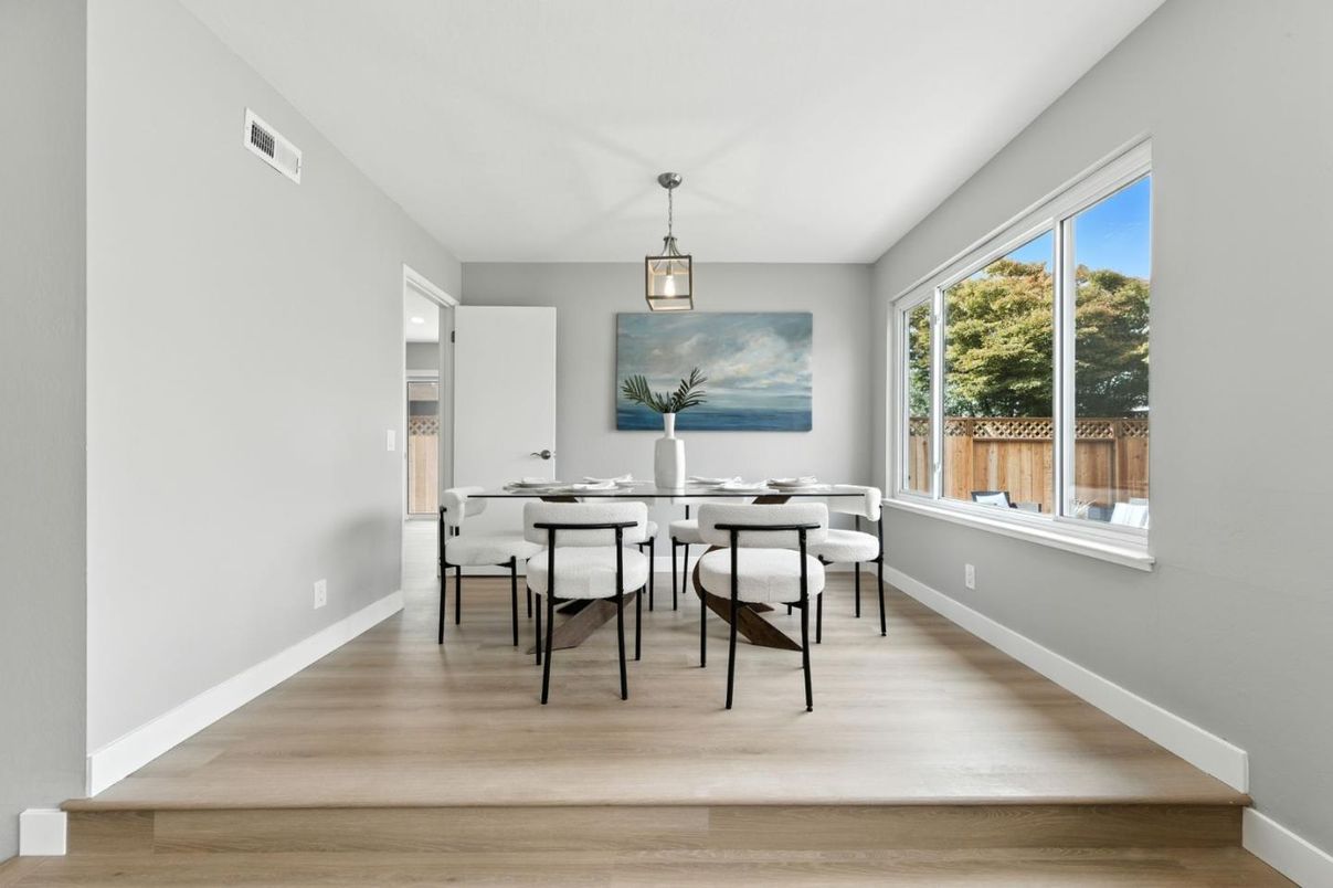 Dining room, Interior, Pendant Lights, Wood Texture Flooring