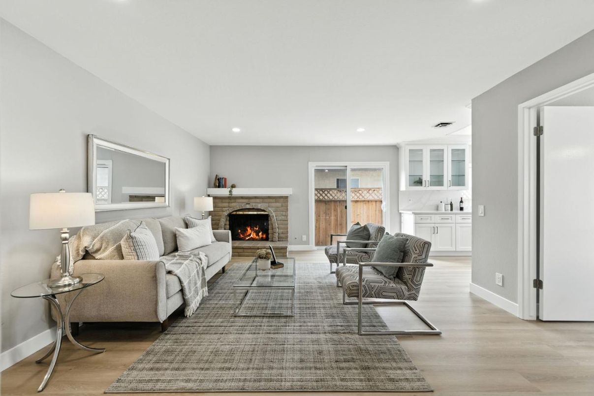 Fireplace, Interior, Living room, Recessed Lighting, Wood Texture Flooring
