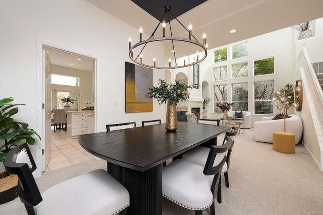 Chandelier, Dining room, Fireplace, Interior, Living room, Recessed Lighting