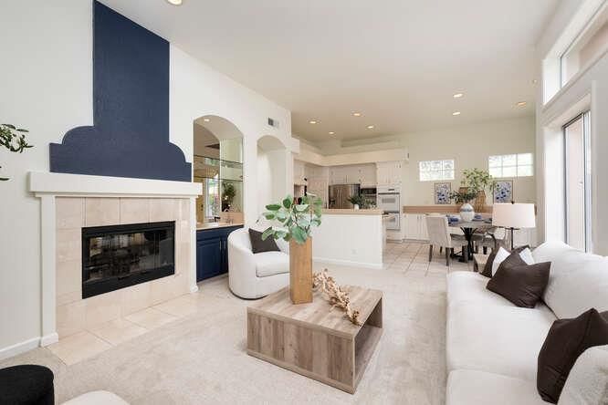 Dining room, Fireplace, Interior, Kitchen, Living room, Recessed Lighting