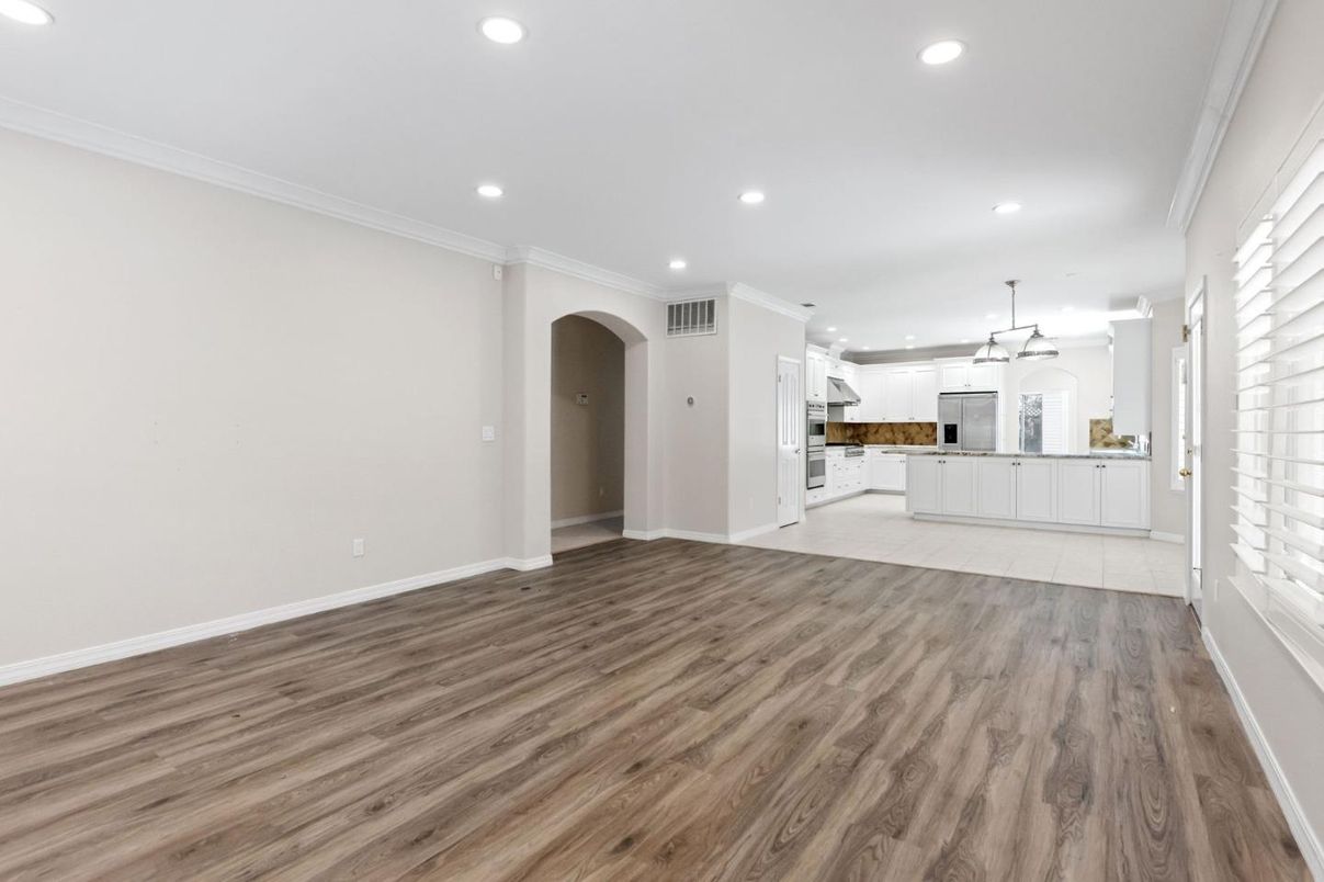 Empty room, Interior, Kitchen, Pendant Lights, Recessed Lighting, Wood Texture Flooring
