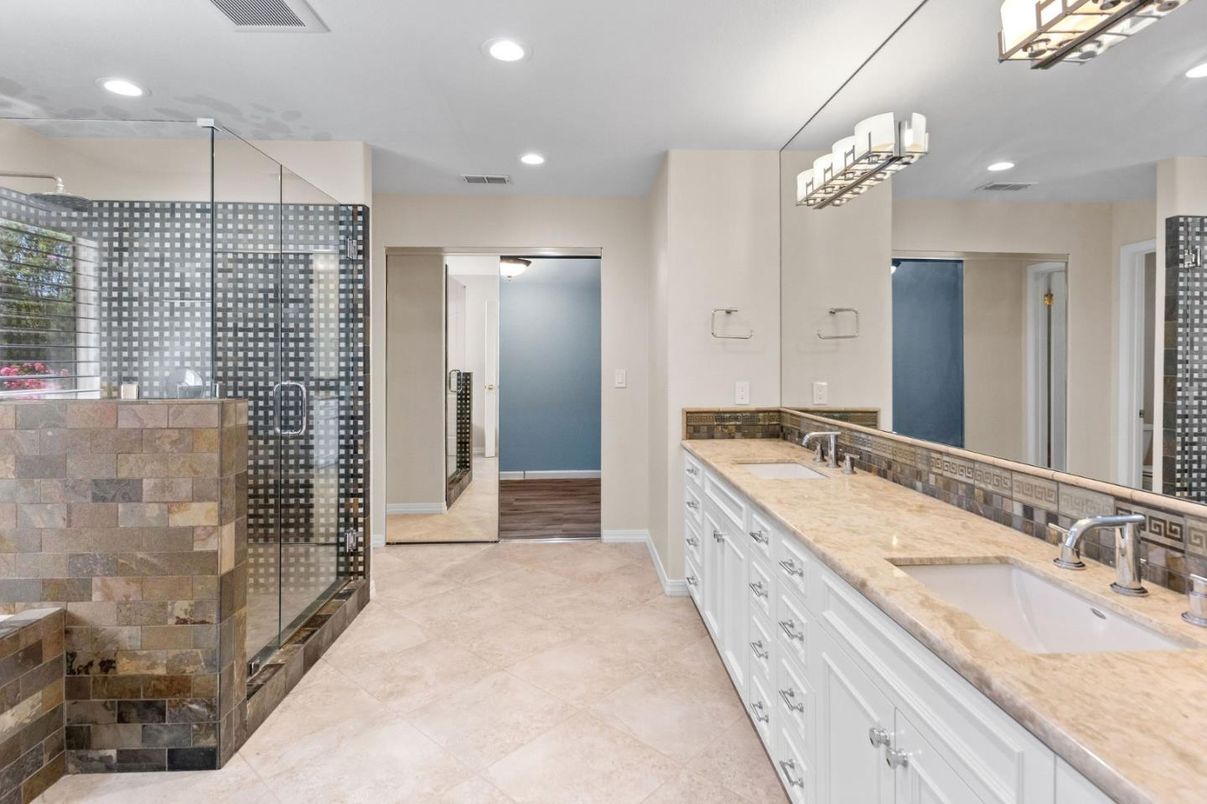 Bathroom, Dual Sink Vanities, Glass Shower, Interior, Recessed Lighting