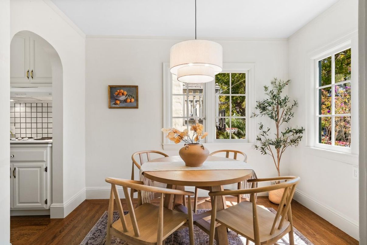 Dining room, Interior, Pendant Lights, Wood Texture Flooring