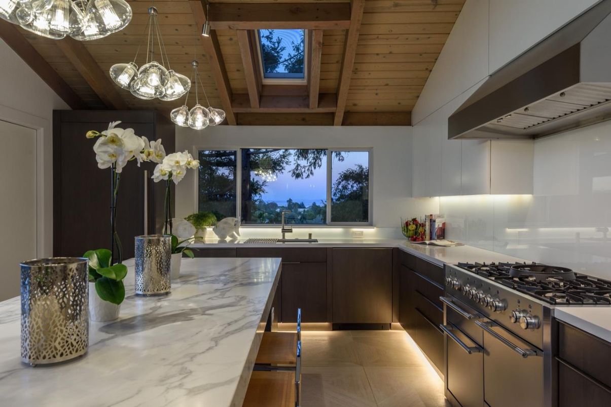Interior, Kitchen, Pendant Lights, Stainless Steel Appliances, Water, Wooden Beams, Wooden Ceilings