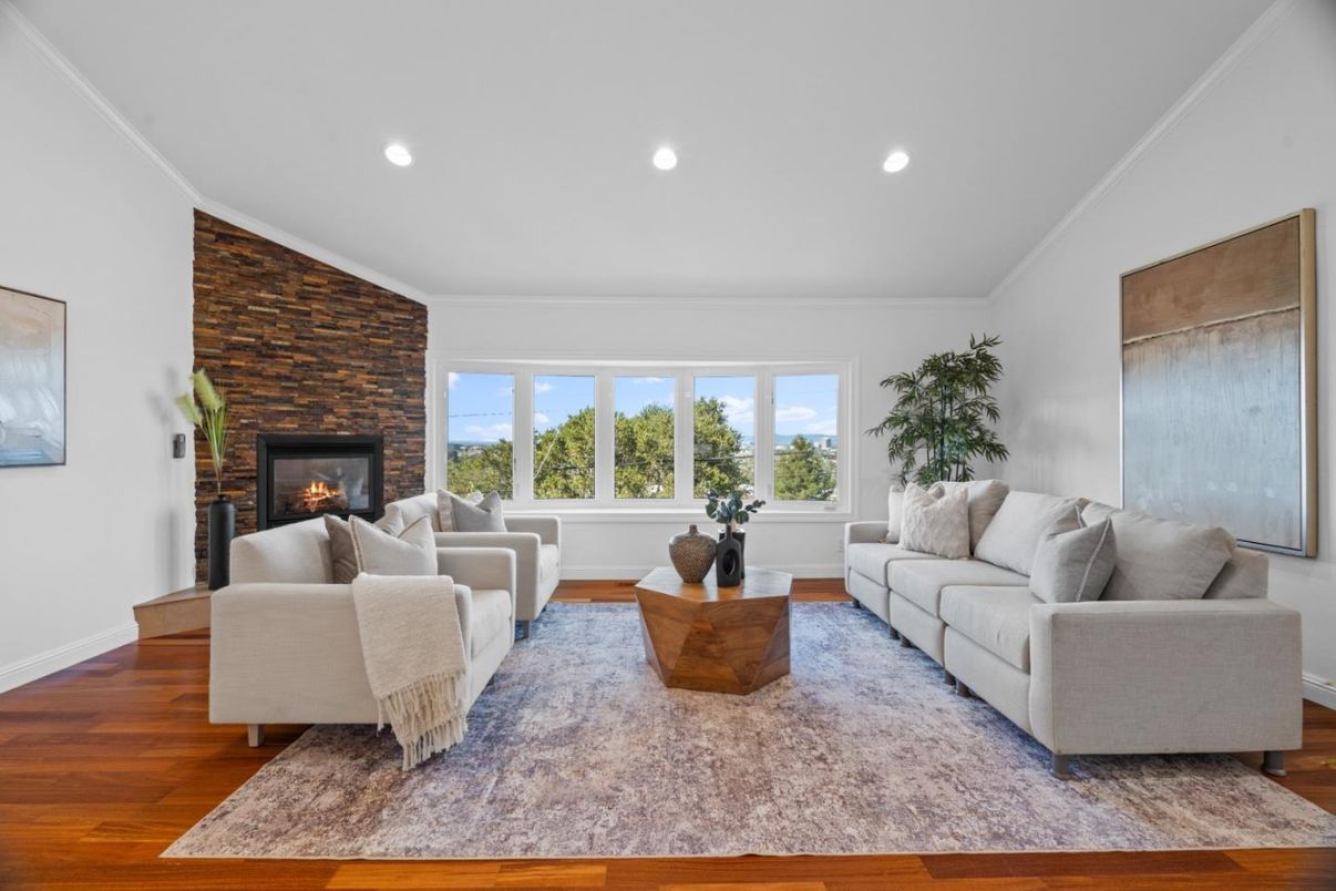 Fireplace, Interior, Living room, Recessed Lighting, Stone Walls, Wood Texture Flooring