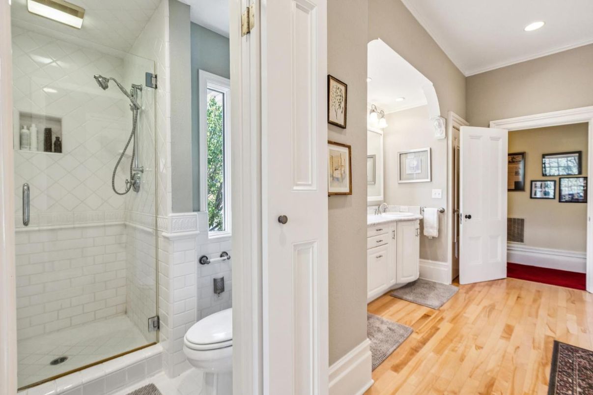Bathroom, Glass Shower, Interior, Recessed Lighting, Wood Texture Flooring