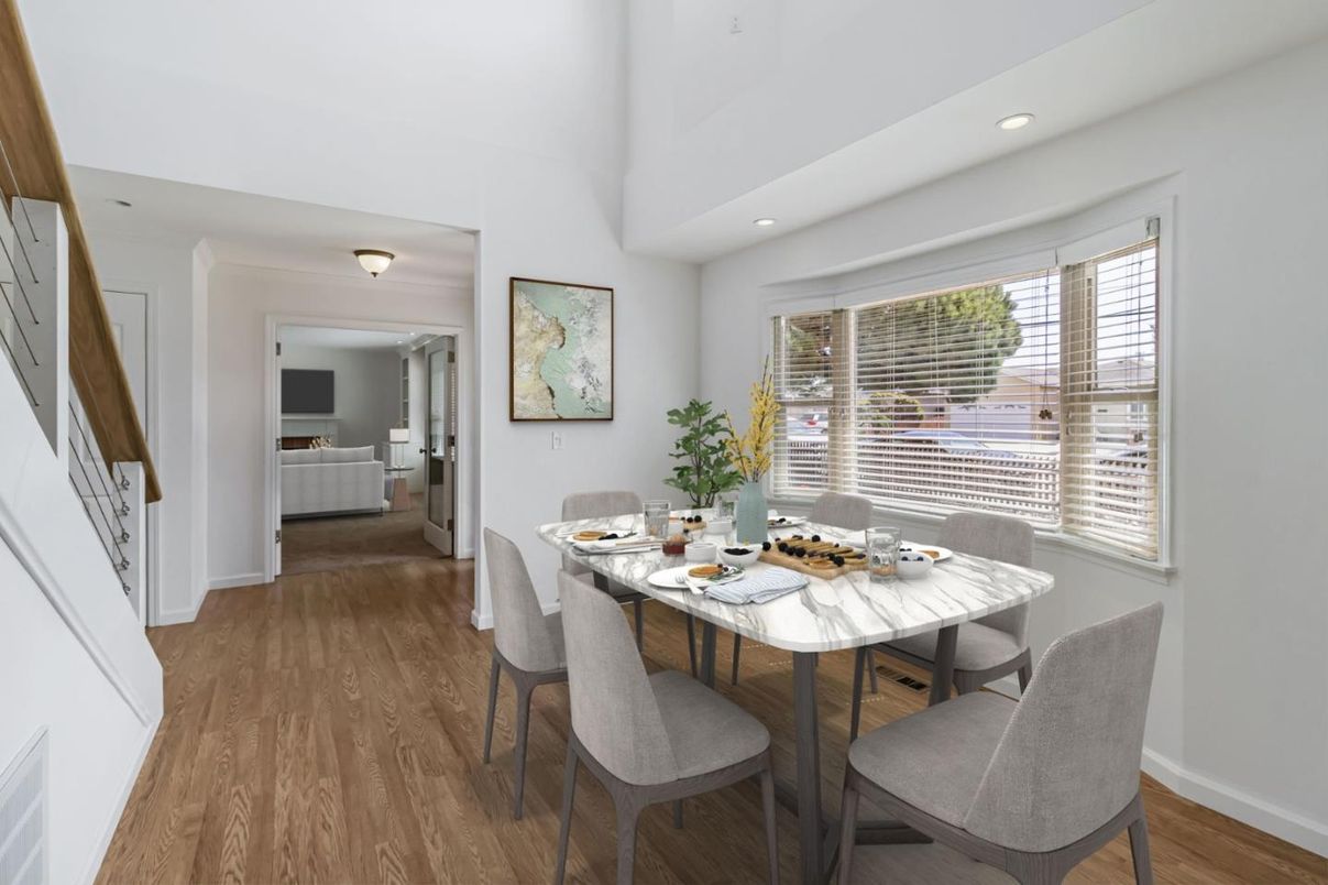 Dining room, Interior, Recessed Lighting, Wood Texture Flooring