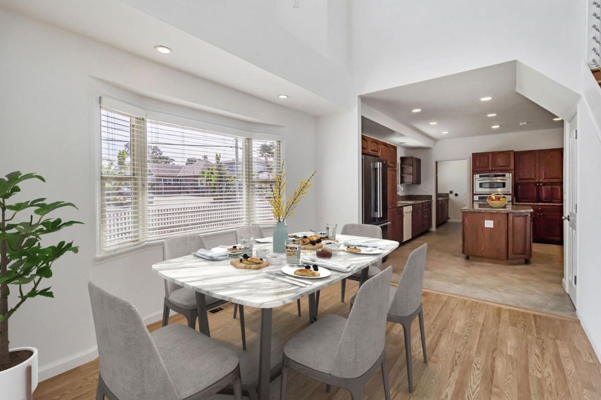 Dining room, Interior, Kitchen, Recessed Lighting, Stainless Steel Appliances, Wood Texture Flooring