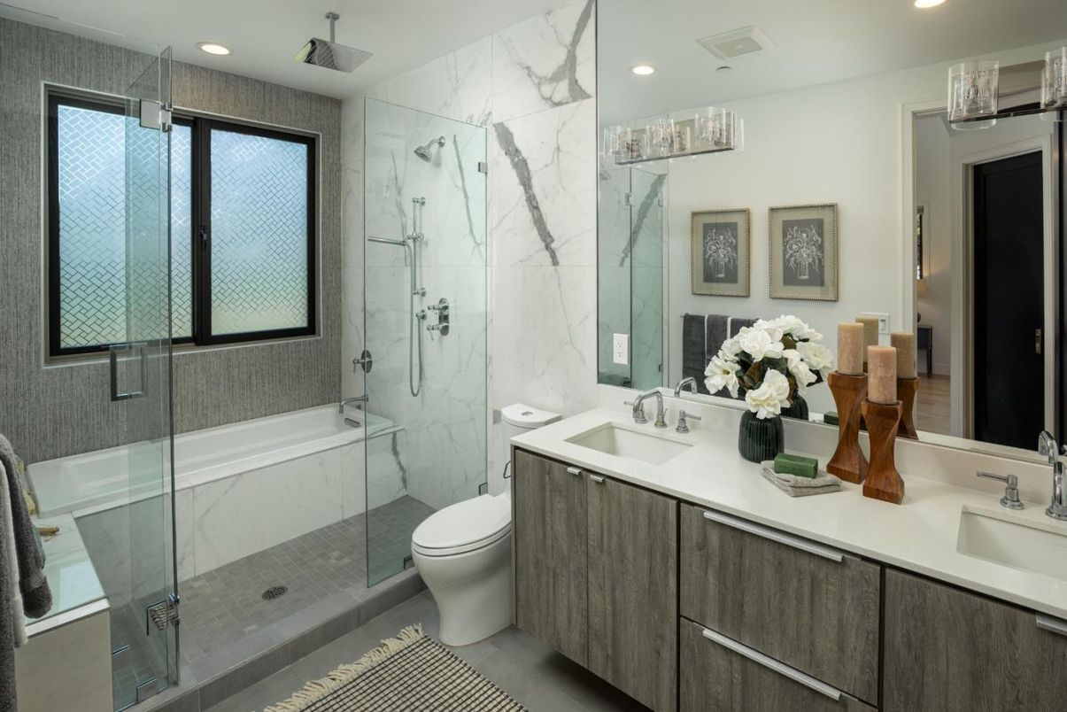Bathroom, Glass Shower, Interior, Marble Walls, Recessed Lighting