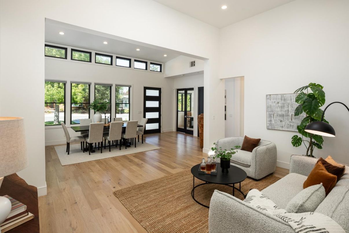 Dining room, Interior, Living room, Recessed Lighting, Wood Texture Flooring
