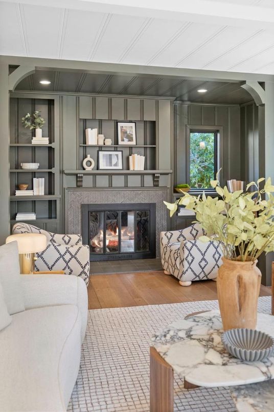 Fireplace, Interior, Living room, Recessed Lighting, Wood Texture Flooring
