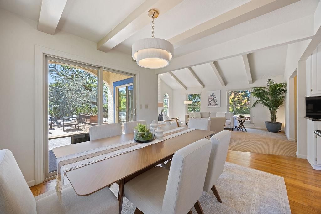 Dining room, Interior, Pendant Lights, Wood Texture Flooring