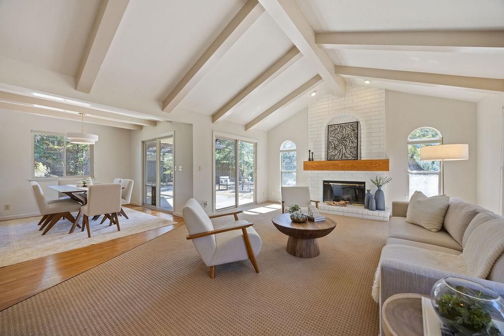 Dining room, Fireplace, Interior, Living room, Stone Walls, Wood Texture Flooring