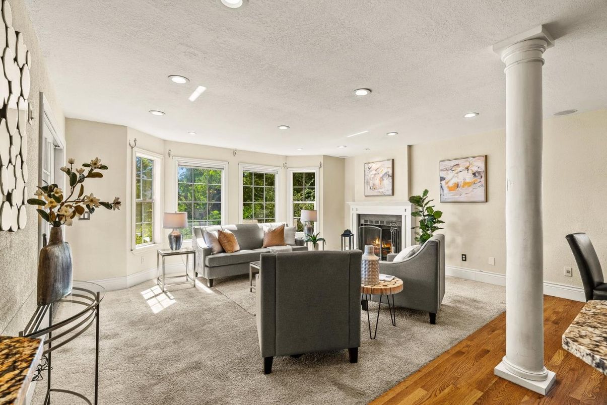 Fireplace, Interior, Living room, Recessed Lighting, Wood Texture Flooring
