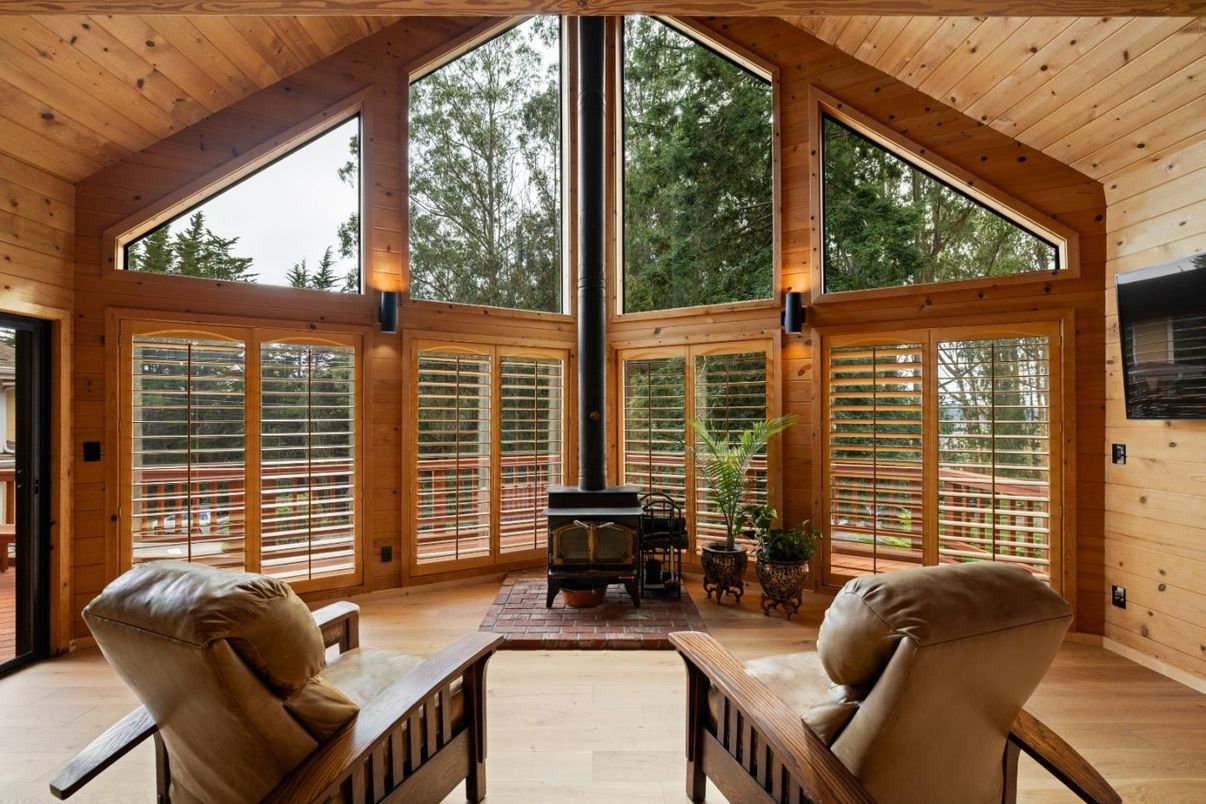 Fireplace, Interior, Sun Room, Wooden Ceilings, Wood Texture Flooring, Wooden Walls