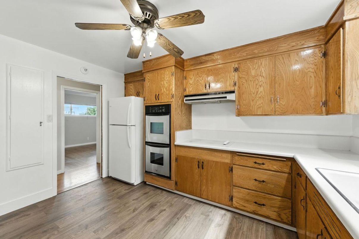 Interior, Kitchen, Tile Countertops, Wood Texture Flooring