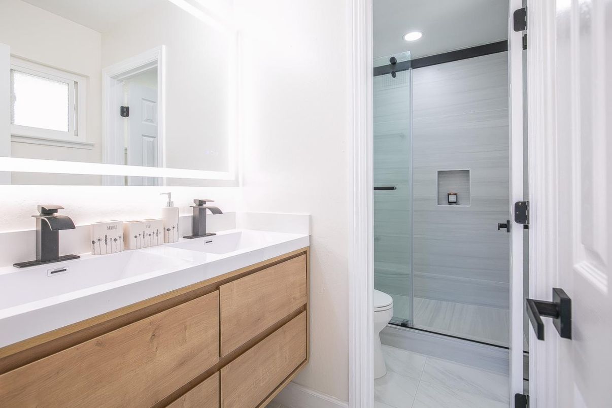 Bathroom, Dual Sink Vanities, Glass Shower, Interior, Marble, Recessed Lighting