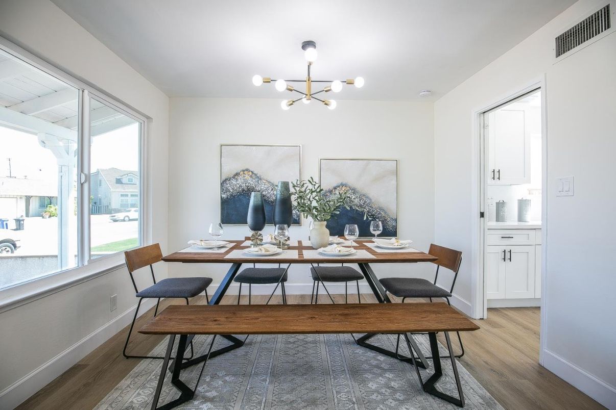 Dining room, Interior, Pendant Lights, Wood Texture Flooring