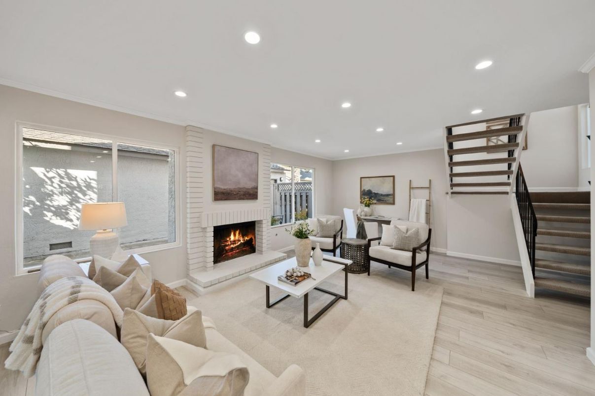 Fireplace, Interior, Living room, Recessed Lighting, Wood Texture Flooring