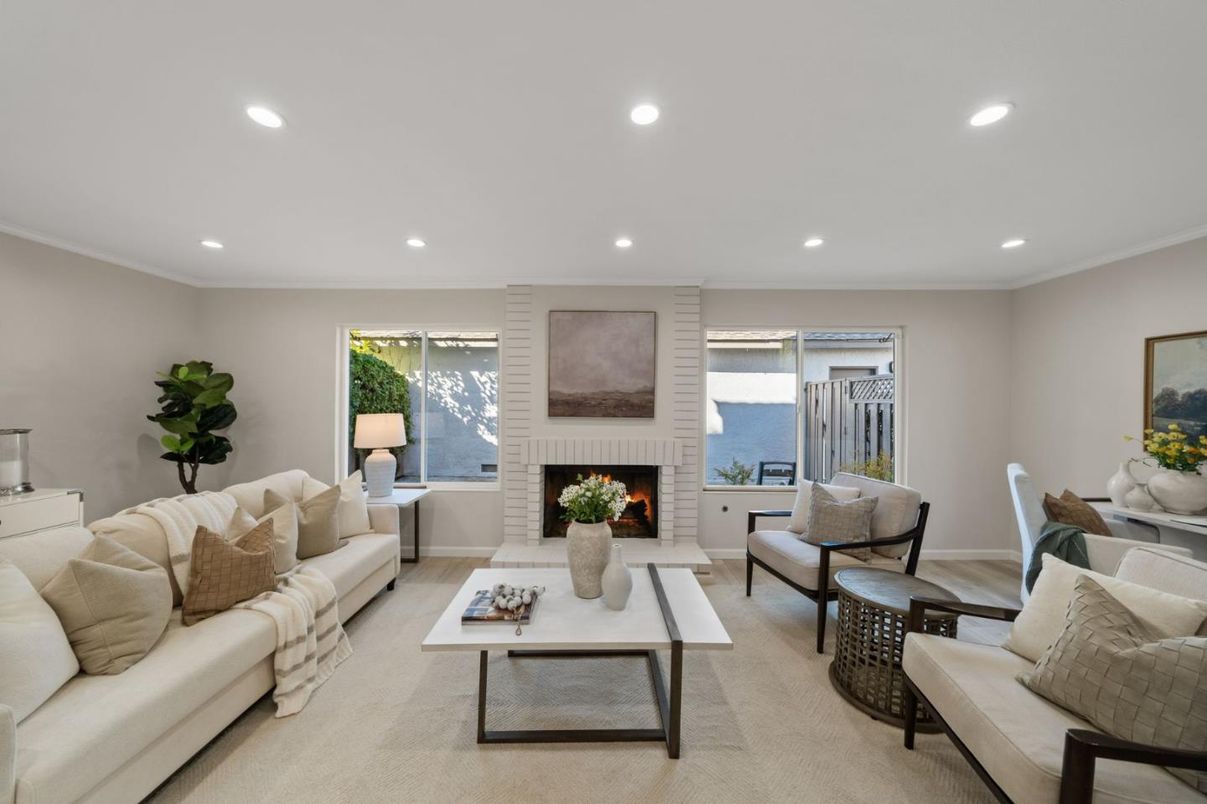 Dining room, Fireplace, Interior, Living room, Recessed Lighting, Water