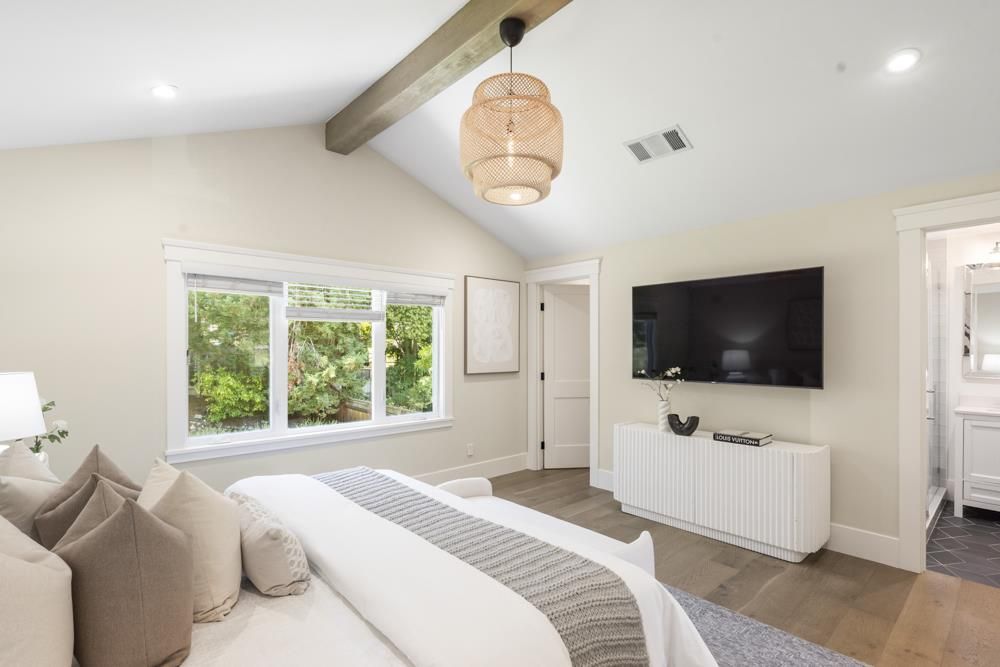 Bedroom, Interior, Pendant Lights, Recessed Lighting, Wooden Beams, Wood Texture Flooring