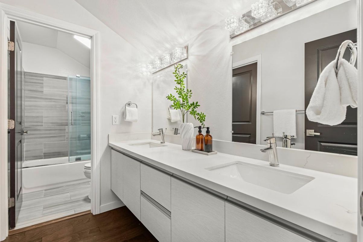 Bathroom, Dual Sink Vanities, Glass Shower, Interior, Wood Texture Flooring