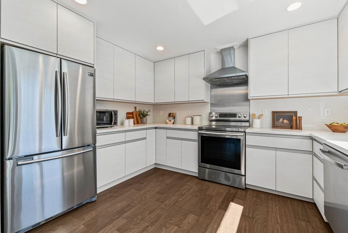 Interior, Kitchen, Recessed Lighting, Stainless Steel Appliances, Wood Texture Flooring