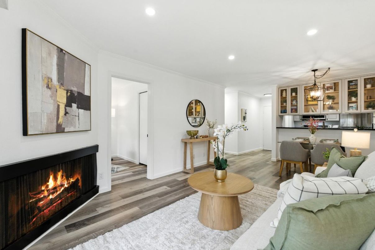 Dining room, Fireplace, Interior, Living room, Pendant Lights, Recessed Lighting, Wood Texture Flooring