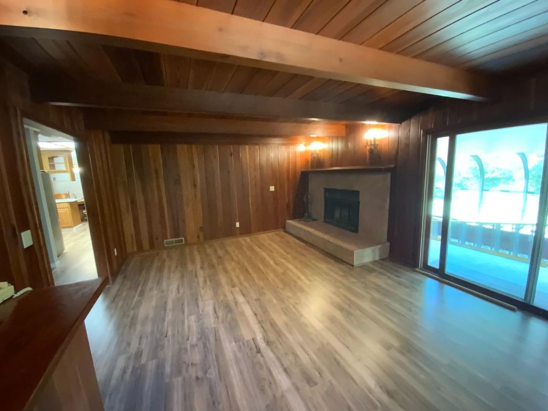 Empty room, Fireplace, Interior, Wooden Beams, Wooden Ceilings, Wood Texture Flooring, Wooden Walls