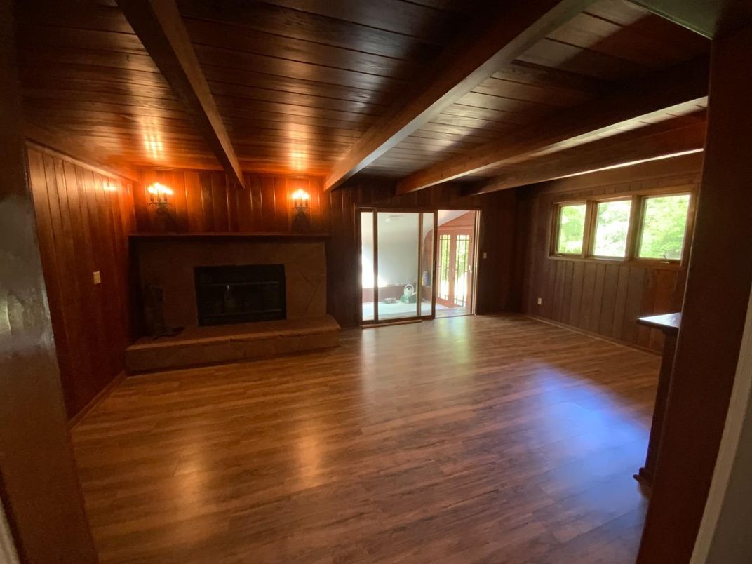 Empty room, Fireplace, Interior, Wooden Beams, Wooden Ceilings, Wood Texture Flooring, Wooden Walls