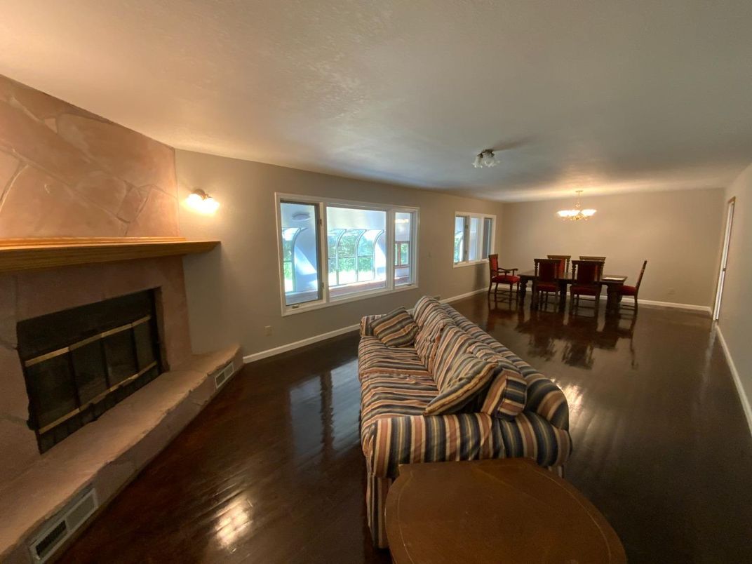 Chandelier, Dining room, Fireplace, Interior, Living room, Wood Texture Flooring