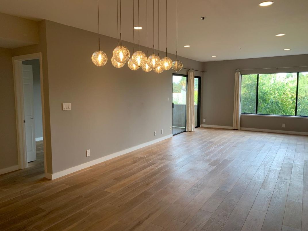 Empty room, Interior, Pendant Lights, Recessed Lighting, Wood Texture Flooring