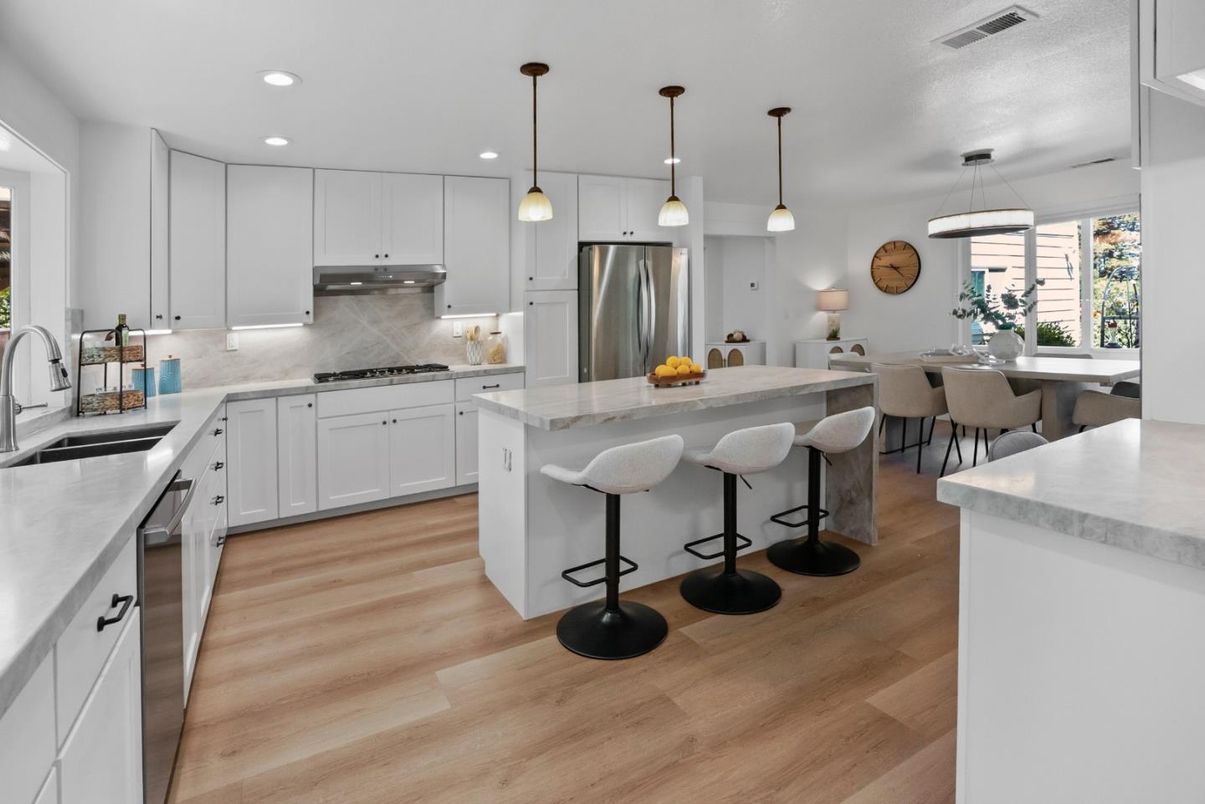 Interior, Kitchen, Pendant Lights, Recessed Lighting, Stainless Steel Appliances, Wood Texture Flooring