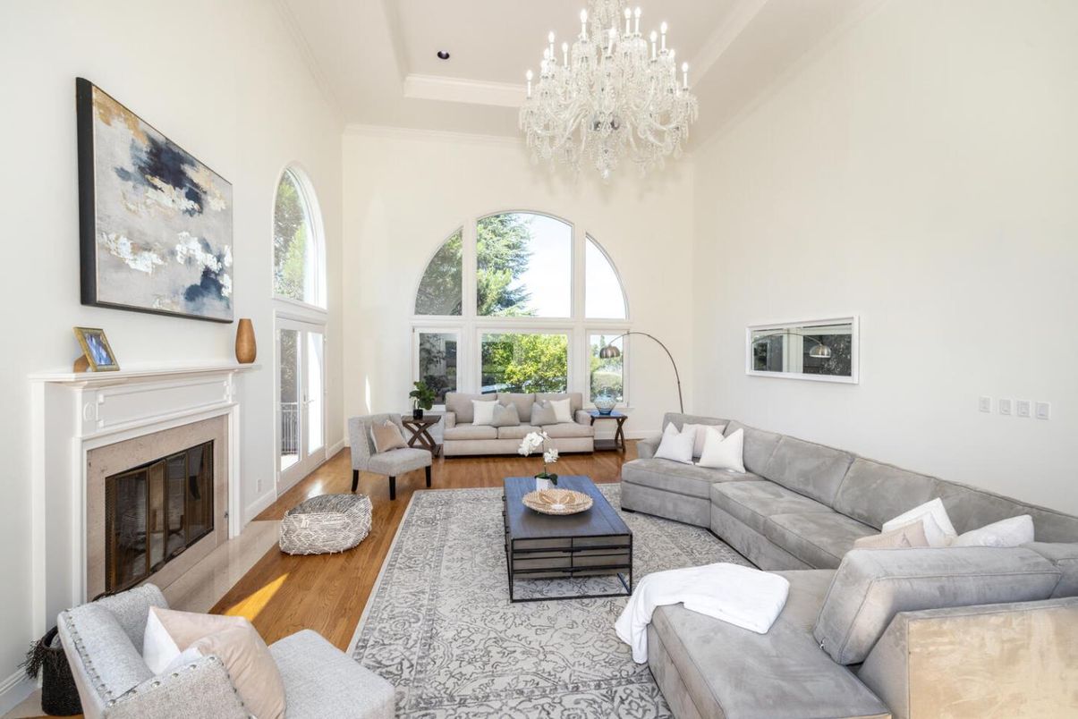 Chandelier, Fireplace, Interior, Living room, Recessed Lighting, Wood Texture Flooring