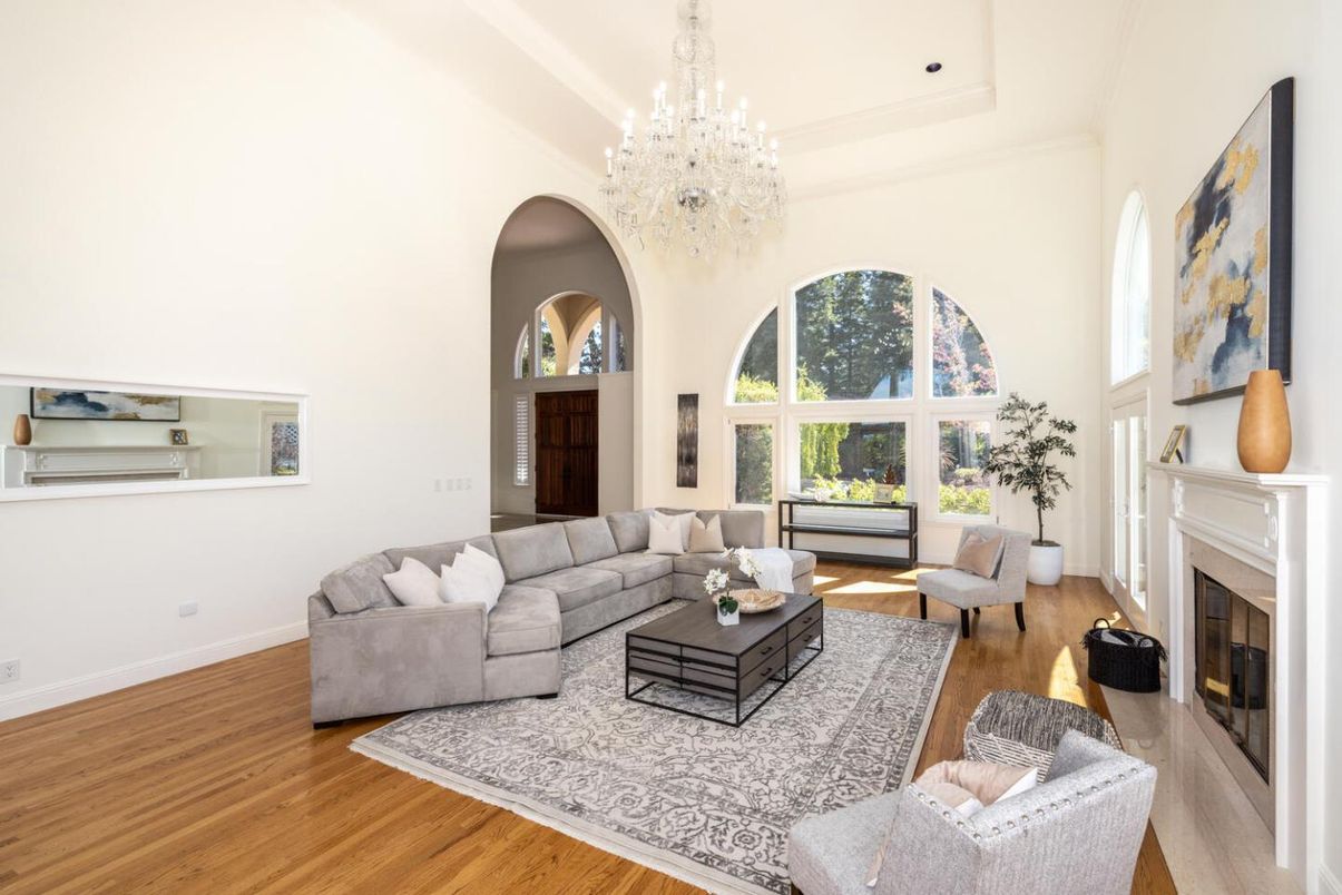 Chandelier, Fireplace, Interior, Living room, Recessed Lighting, Wood Texture Flooring
