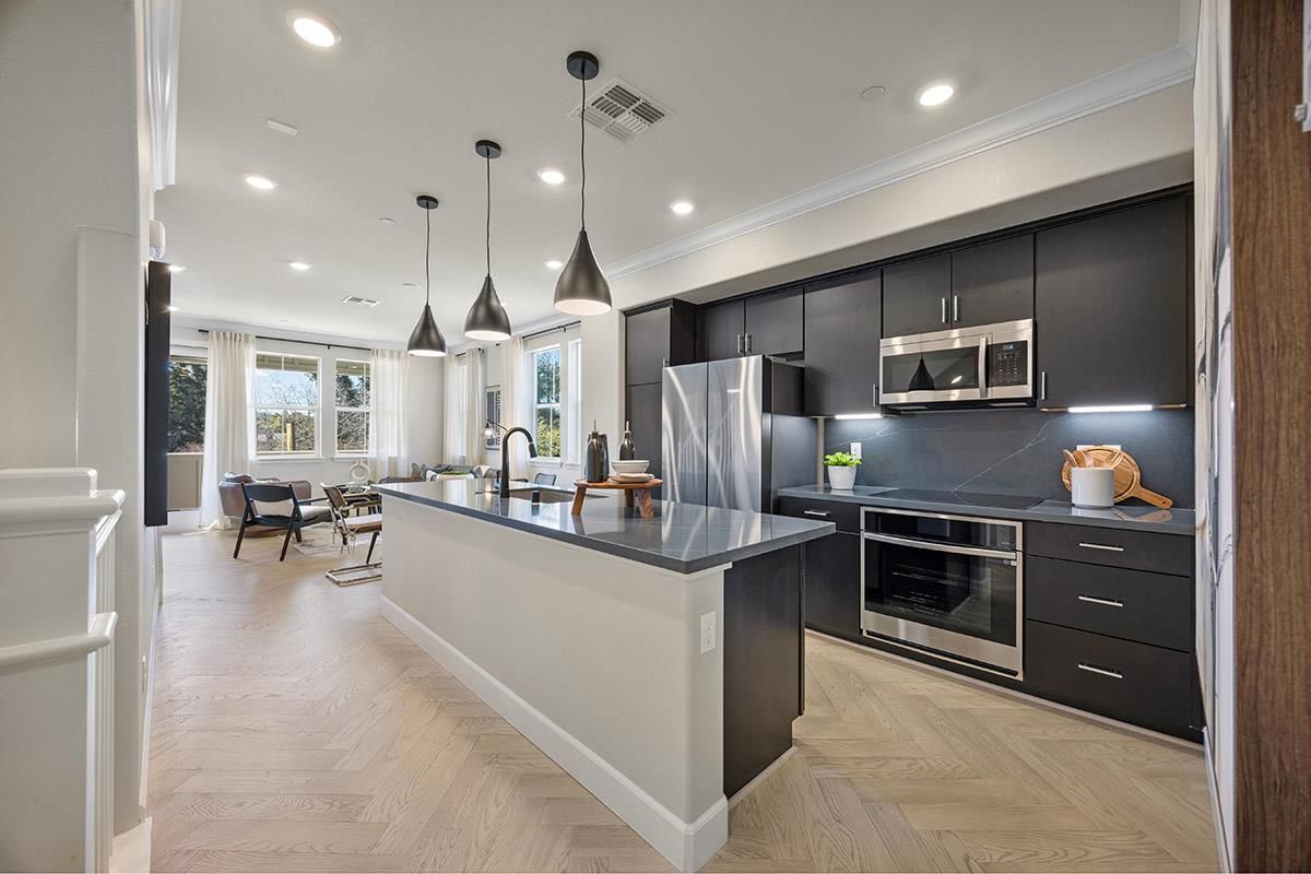 Interior, Kitchen, Pendant Lights, Recessed Lighting, Stainless Steel Appliances, Wood Texture Flooring