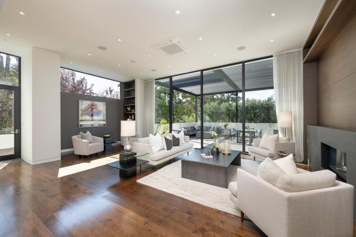 Fireplace, Interior, Living room, Recessed Lighting, Wood Texture Flooring