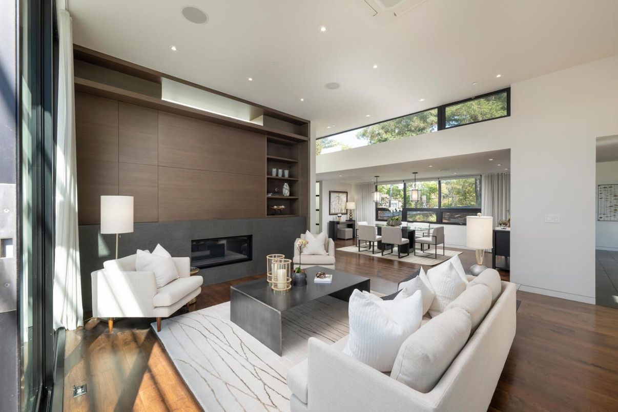 Dining room, Fireplace, Interior, Living room, Pendant Lights, Recessed Lighting, Wood Texture Flooring